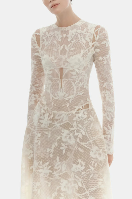 Amber White Long Sleeve Floral Lace Midi Dress
