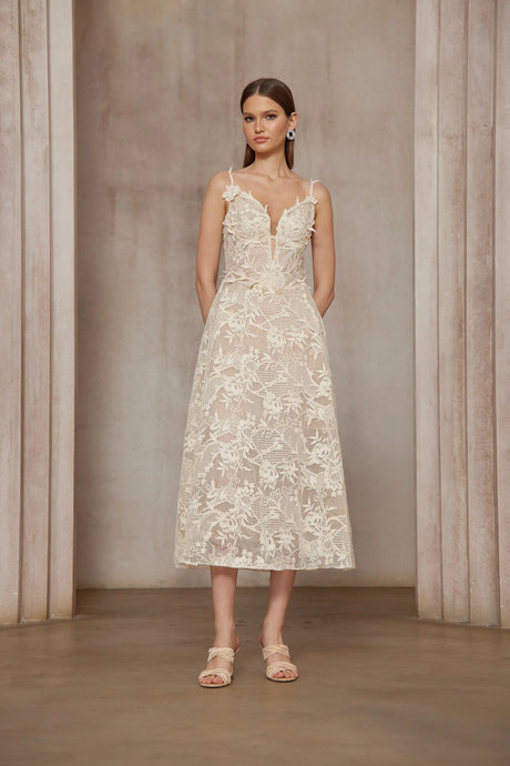 Amber White Sleeveless Floral Lace Midi Dress