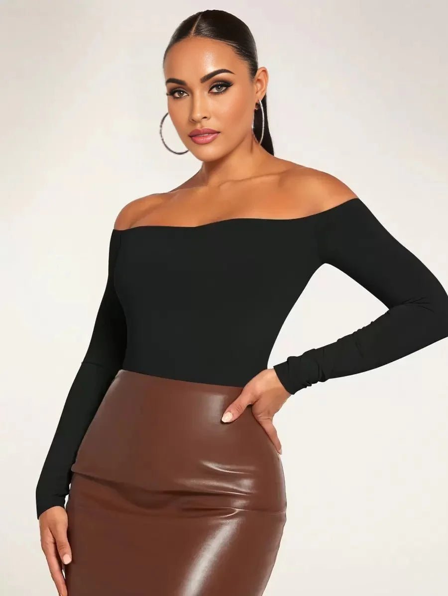 Ambra Bodysuit - Off The Shoulder Neckline - Slim Fit - Casual Style - Long Sleeve Length - Medium Stretch Elasticity - Knitted Fabric