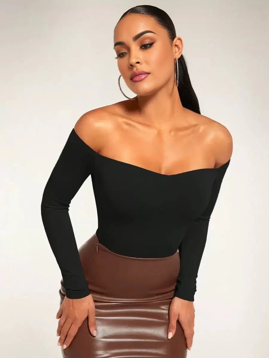 Ambra Bodysuit - Off The Shoulder Neckline - Slim Fit - Casual Style - Long Sleeve Length - Medium Stretch Elasticity - Knitted Fabric