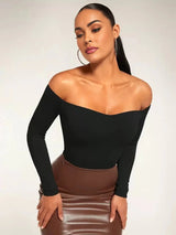 Ambra Bodysuit - Off The Shoulder Neckline - Slim Fit - Casual Style - Long Sleeve Length - Medium Stretch Elasticity - Knitted Fabric
