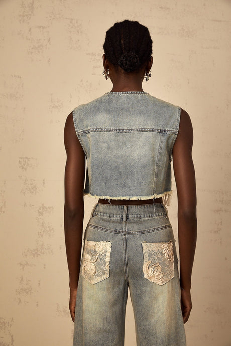 Ambra Denim Top Blue Lace - Panelled Cropped Fringed & Floral Embroidered