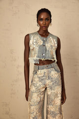 Ambra Denim Top Blue Lace - Panelled Cropped Fringed & Floral Embroidered
