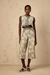Ambra Denim Top Blue Lace - Panelled Cropped Fringed & Floral Embroidered