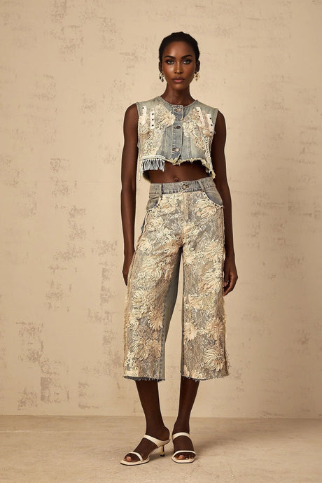 Ambra Denim Top Blue Lace - Panelled Cropped Fringed & Floral Embroidered