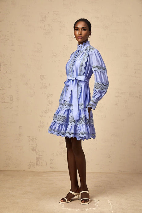 Ambra Mini Dress Blue Cut - Out Embroidered Tiered & Tied