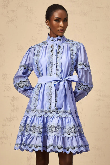 Ambra Mini Dress Blue Cut - Out Embroidered Tiered & Tied