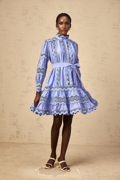 Ambra Mini Dress Blue Cut - Out Embroidered Tiered & Tied