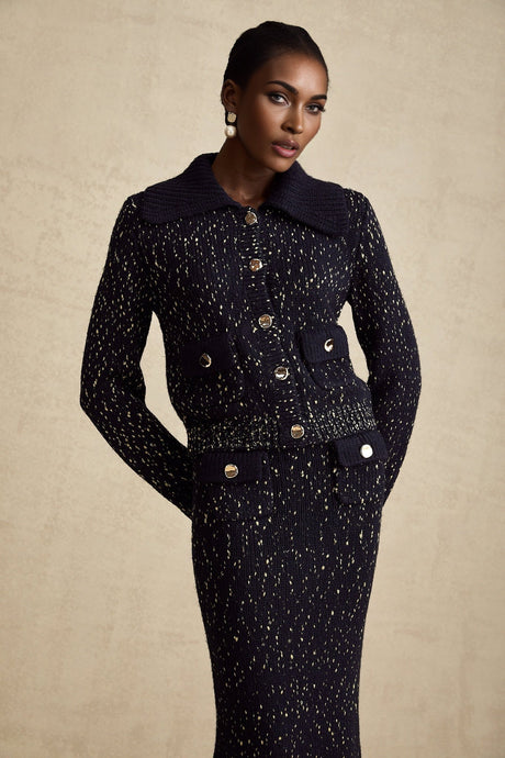 Ambrogina Jacket & Skirt Set - Crochet Knit - Metallic Threading - Wide Lapels - Flap Pockets - Elegant Design
