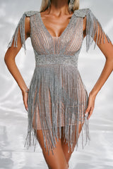Ambrogina Silver Rhinestone Embellished Mini Dress with Fringe Detailing