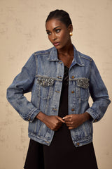 Amelia Denim Jacket - Notched lapels - Rhinestone embellishment - Buttoned cuffs - Front button fastening