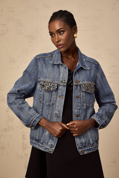 Amelia Denim Jacket - Notched lapels - Rhinestone embellishment - Buttoned cuffs - Front button fastening