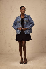 Amelia Denim Jacket - Notched lapels - Rhinestone embellishment - Buttoned cuffs - Front button fastening