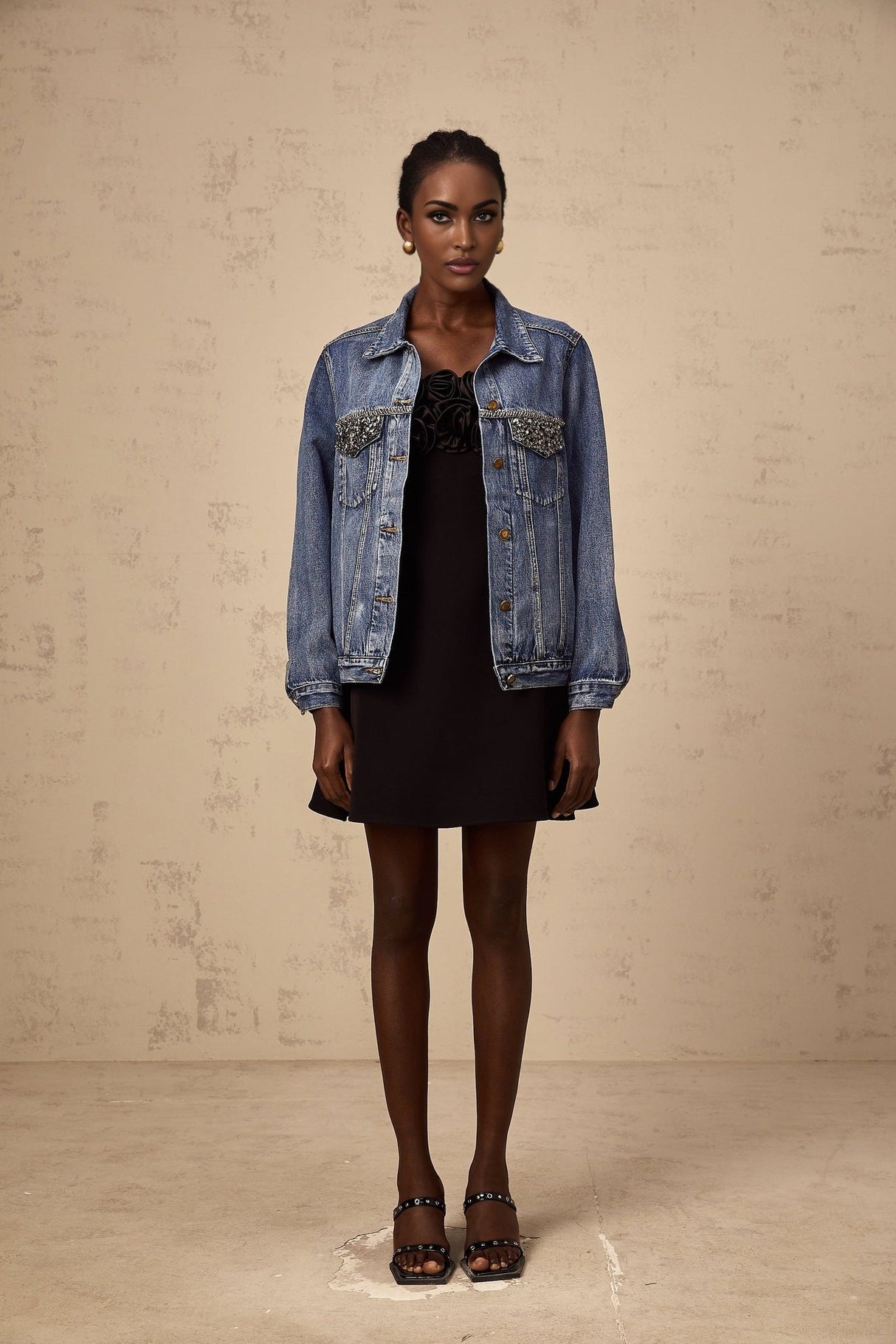 Amelia Denim Jacket - Notched lapels - Rhinestone embellishment - Buttoned cuffs - Front button fastening