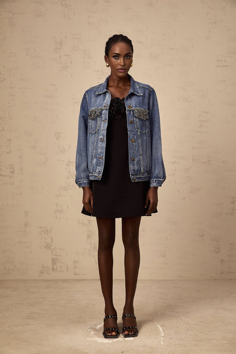 Amelia Denim Jacket - Notched lapels - Rhinestone embellishment - Buttoned cuffs - Front button fastening