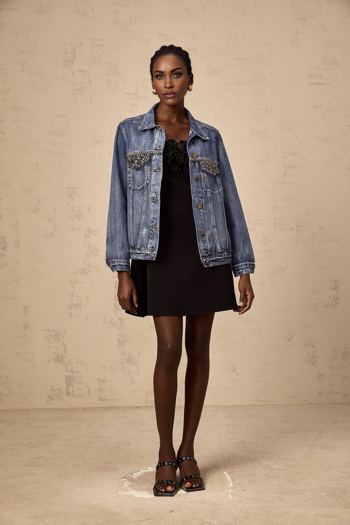 Amelia Denim Jacket - Notched lapels - Rhinestone embellishment - Buttoned cuffs - Front button fastening