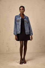 Amelia Denim Jacket - Notched lapels - Rhinestone embellishment - Buttoned cuffs - Front button fastening