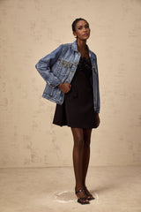 Amelia Denim Jacket - Notched lapels - Rhinestone embellishment - Buttoned cuffs - Front button fastening