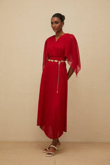 Amelia Maxi Dress - Pleated Skirt - Cape Design - V - neck - Chain - link Detailing