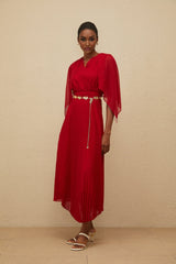 Amelia Maxi Dress - Pleated Skirt - Cape Design - V - neck - Chain - link Detailing