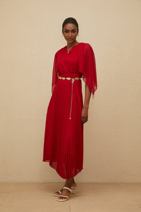 Amelia Maxi Dress - Pleated Skirt - Cape Design - V - neck - Chain - link Detailing