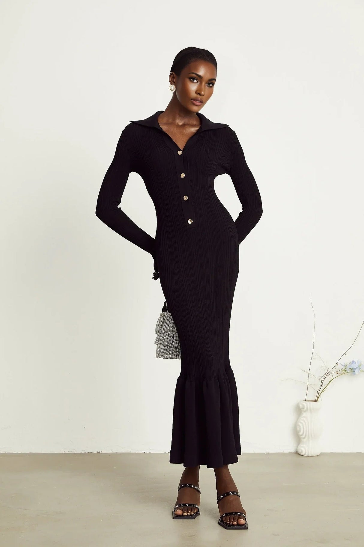 Amelia Midi Dress - Spread Collar - Long Sleeves - Ribbed Knit - Ruffle Details