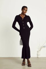 Amelia Midi Dress - Spread Collar - Long Sleeves - Ribbed Knit - Ruffle Details