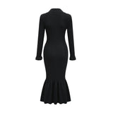 Amelia Midi Dress - Spread Collar - Long Sleeves - Ribbed Knit - Ruffle Details