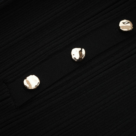 Amelia Midi Dress - Spread Collar - Long Sleeves - Ribbed Knit - Ruffle Details