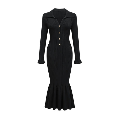 Amelia Midi Dress - Spread Collar - Long Sleeves - Ribbed Knit - Ruffle Details