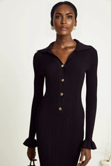 Amelia Midi Dress - Spread Collar - Long Sleeves - Ribbed Knit - Ruffle Details