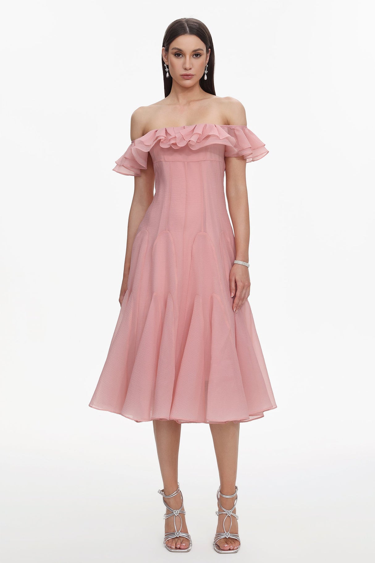 Amelia Pink Off-Shoulder Ruffle Detail Midi Dress
