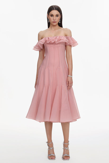 Amelia Pink Off-Shoulder Ruffle Detail Midi Dress