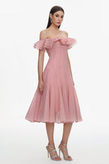 Amelia Pink Off-Shoulder Ruffle Detail Midi Dress