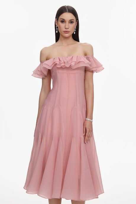 Amelia Pink Off-Shoulder Ruffle Detail Midi Dress
