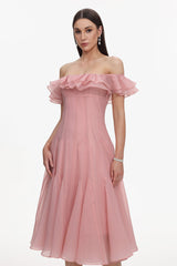Amelia Pink Off-Shoulder Ruffle Detail Midi Dress