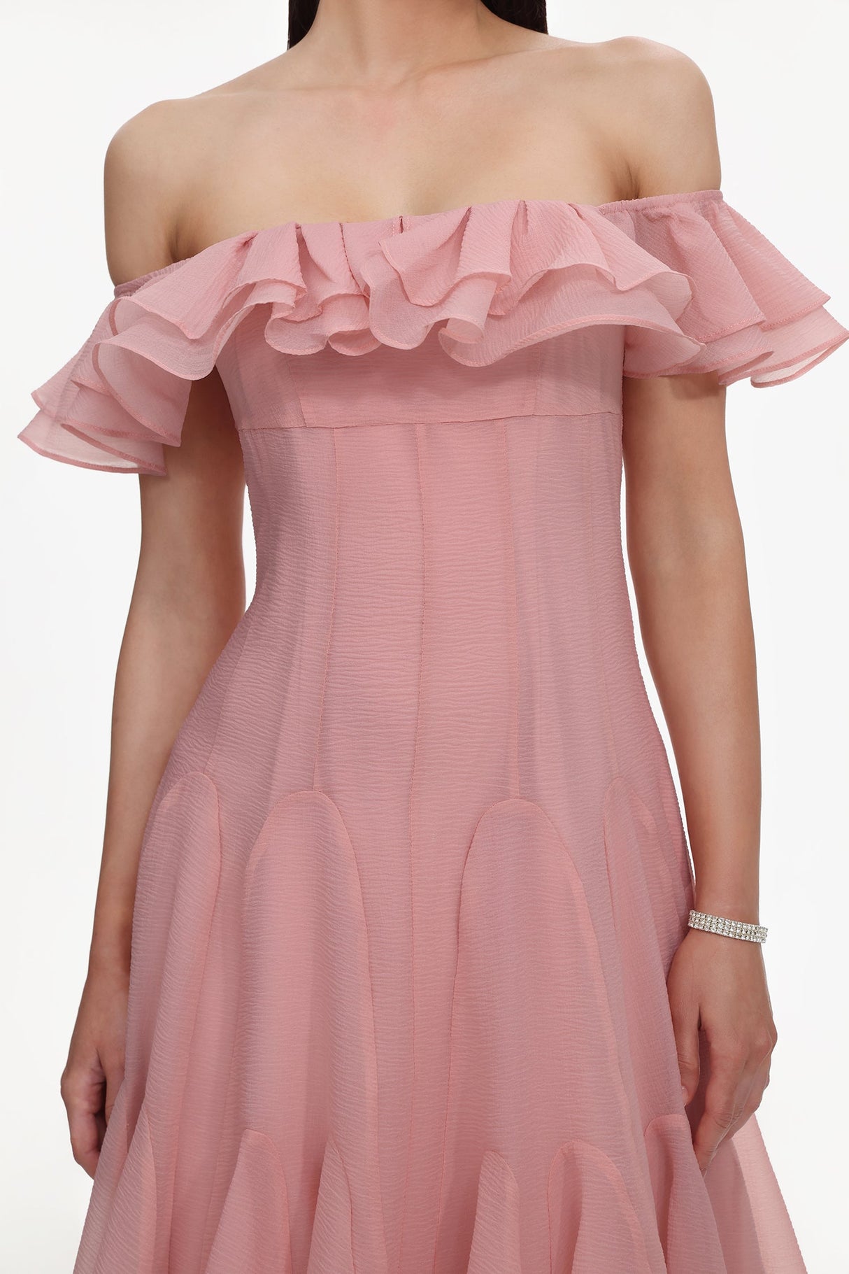 Amelia Pink Off-Shoulder Ruffle Detail Midi Dress