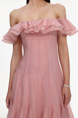 Amelia Pink Off-Shoulder Ruffle Detail Midi Dress