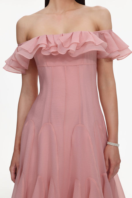 Amelia Pink Off-Shoulder Ruffle Detail Midi Dress