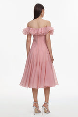 Amelia Pink Off-Shoulder Ruffle Detail Midi Dress