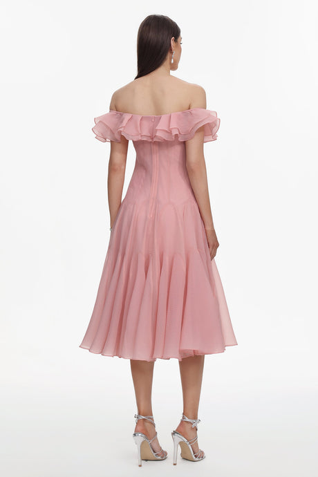 Amelia Pink Off-Shoulder Ruffle Detail Midi Dress