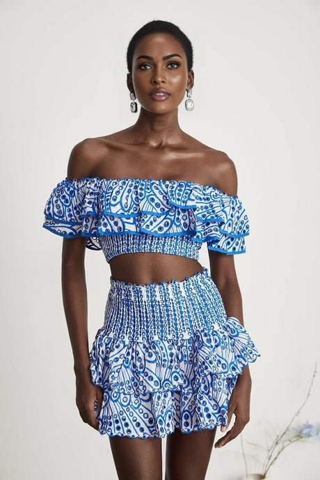 Amelia Top & Skirt Set - Off The Shoulder - Ruffled Detailing - Stretch Jersey - Tiered Design - Pattern Print