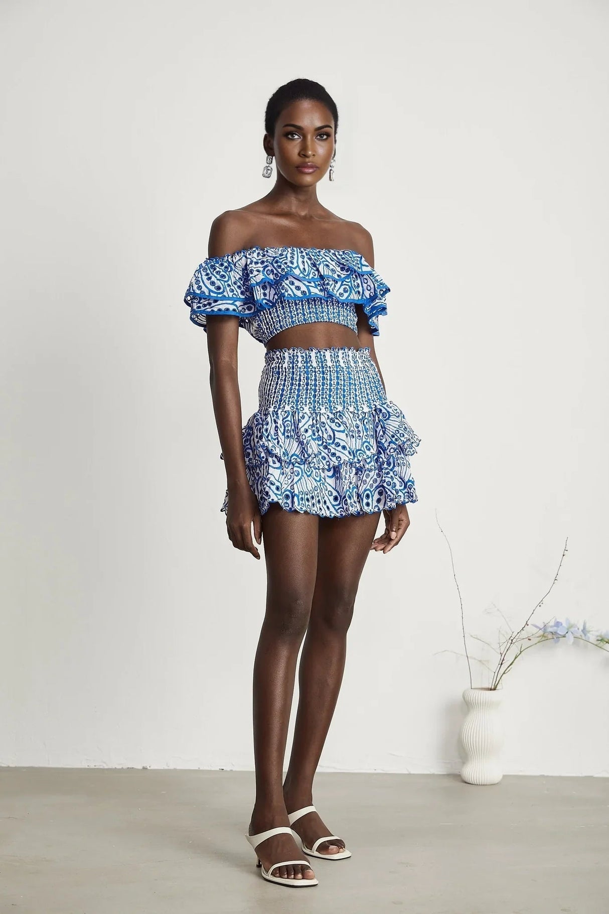 Amelia Top & Skirt Set - Off The Shoulder - Ruffled Detailing - Stretch Jersey - Tiered Design - Pattern Print
