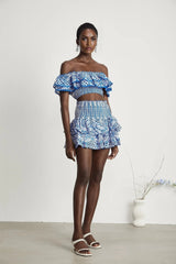 Amelia Top & Skirt Set - Off The Shoulder - Ruffled Detailing - Stretch Jersey - Tiered Design - Pattern Print