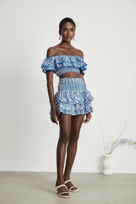 Amelia Top & Skirt Set - Off The Shoulder - Ruffled Detailing - Stretch Jersey - Tiered Design - Pattern Print