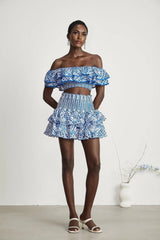 Amelia Top & Skirt Set - Off The Shoulder - Ruffled Detailing - Stretch Jersey - Tiered Design - Pattern Print