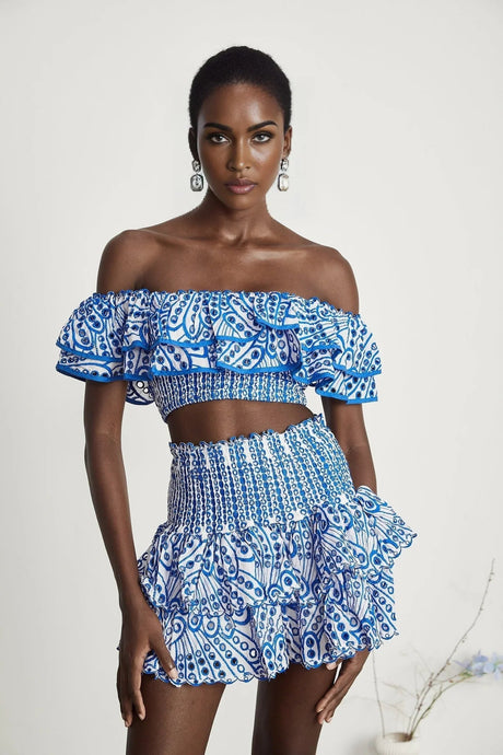 Amelia Top & Skirt Set - Off The Shoulder - Ruffled Detailing - Stretch Jersey - Tiered Design - Pattern Print
