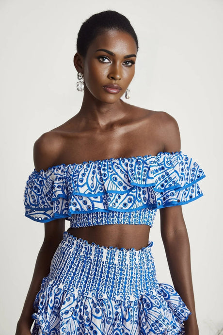 Amelia Top & Skirt Set - Off The Shoulder - Ruffled Detailing - Stretch Jersey - Tiered Design - Pattern Print