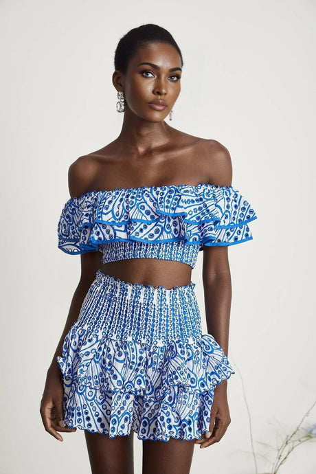 Amelia Top & Skirt Set - Off The Shoulder - Ruffled Detailing - Stretch Jersey - Tiered Design - Pattern Print
