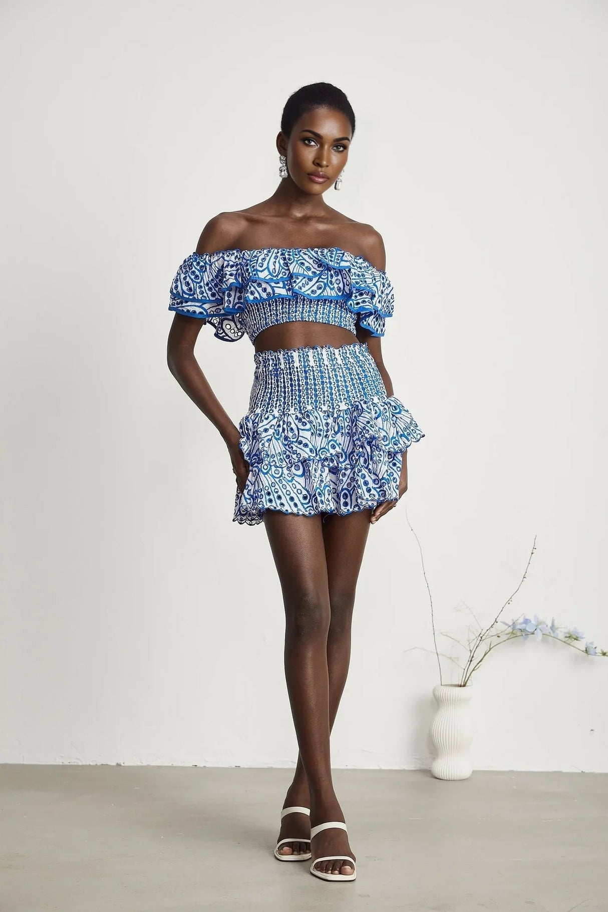 Amelia Top & Skirt Set - Off The Shoulder - Ruffled Detailing - Stretch Jersey - Tiered Design - Pattern Print